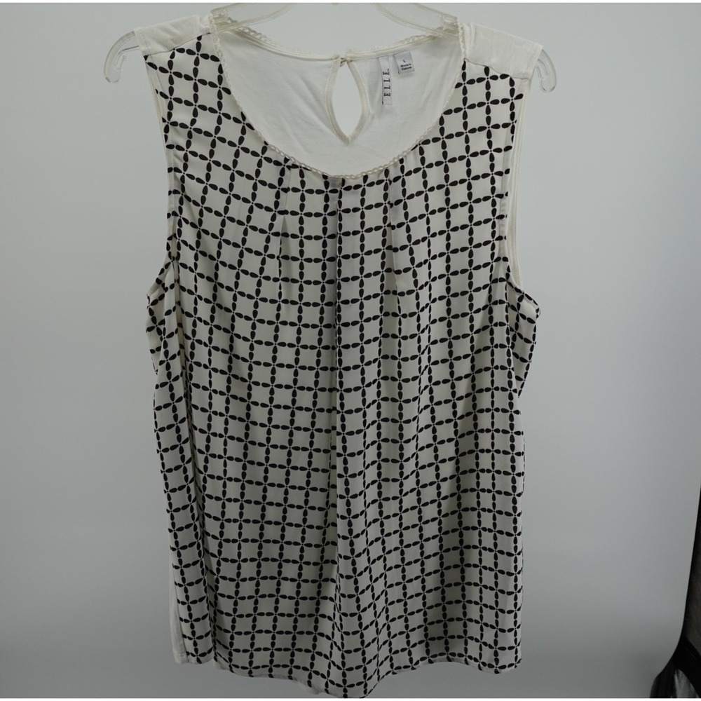 ELLE Womens Geometric Floral Print Sleeveless Blouse White Black Large
